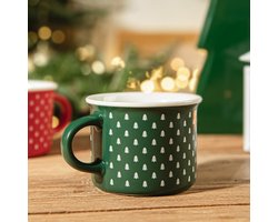 HOMLA Flocon kerstmok - retrostijl en klassieke vorm met feestelijke print - 100% porselein inhoud 0,16 l - groen met kerstbomen