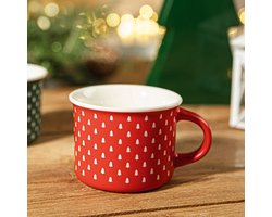HOMLA Flocon kerstmok - retrostijl en klassieke vorm met feestelijke print - 100% porselein inhoud 0,16 l - rood met kerstbomen