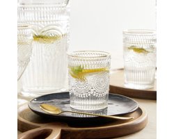 HOMLA Glass Barrel Low met gouden rand - combinatie van versieringen en elegante esthetiek - glas vol delicate groeven - gemaakt van transparant glas - voor elk keuken- en eetkamerinterieur - 300 ml