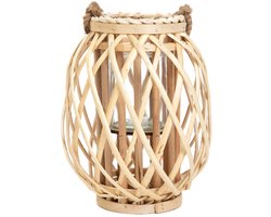 HOMLA - Lagge Lantaarn Gevlochten - Decoratieve Windlicht Lantaarn - Natuurlijke Sfeerverlichting - Boho & Scandinavisch Interieur - Houten Kaarsenhouder - 30 cm - Naturel