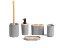 Homla - Loreto Badkameraccessoireset - Badkamer Accessoire Set - 5 Delig - Complete Badkamer Set met Bamboe - Zeepdispenser - Tandenborstelhouder - WC Borstel - Moderne Badkamer Accessoires - Grijs