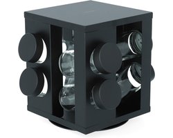 HOMLA Otto draaibaar kruidenrek vierkant - praktisch kruidenrek in minimalistisch design - glas metaal en kunststof 8 glazen zwart 14 x 17 cm