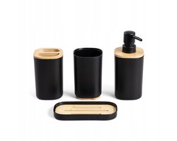 Homla - Tula Badkameraccessoiresset - 4 Delig Badkamer Accessoires Set - Badkamerset - Moderne Badkamer Accessoires - Zeeppompje met Bamboe - Badkamerbeker - Tandenborstelhouder - Zeepbakje - Zwart