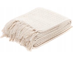 HOMLA Vaffel katoenen plaid met franjes - zachte knuffeldeken voor bank en bed - subtiel katoenen breisel - 130 x 170 cm - natuurlijke kleur