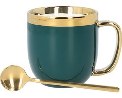 HOMLA Zintuiglijke Beker + Lepel met Gouden Decoratie - Mok Theekop Koffiemok 0,28 l Porselein Verguld Handbeschilderd Emerald & Gold