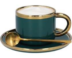 HOMLA Zintuiglijke Koffiekop Porselein met Schotel & Lepel - Theemok Kop Koffieservies - Vintage RVS 200ml Smaragd & Goud