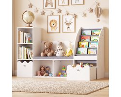 HOMMPA Kinderboekenkast 140 cm met Zitbank en Zitkussen, Speelgoedkast met 5-laags Stoffen Organizer en Verrijdbare Opberglade - Wit - 140 x 30 x 80 cm