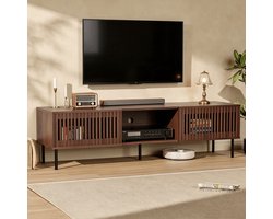 HOMMPA TV-meubel 160 cm – Walnoot – TV-dressoir met 2 Lamellendeuren – TV-kast met Open Vak – Mid-Century Design