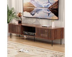HOMMPA TV-meubel 176 cm - TV-kast in Mid-Century Modern Stijl met 2 Lameldeuren, Open Vakken en Opbergruimte - Walnootkleur