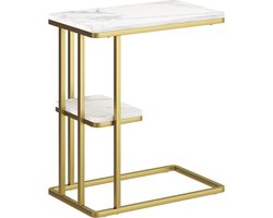 Homona C-vormige bijzettafel met opbergruimte - Met 2 niveaus - 50 x 30 x 57,5 cm - Wit met marmerlook en goud