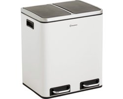 Homra BLINQ Afvalscheiding prullenbak met 2 vakken - 2 x 15 L inhoud - Duo pedaalemmer Wit - Afvalemmer 30 Liter - Recycle Afvalbak - Witte Afvalscheidingsprullenbak - Hygiënisch Afval Scheiden - Keuken Vuilbak - Kantoor