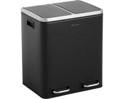 Homra BLINQ Prullenbak 30 Liter - 2x15 L inhoud - Duo Pedaalemmer Zwart - Afvalemmer - Recycle Afvalbak - Zwarte Afvalscheidingsprullenbak - Hygiënisch Afval Scheiden - Keuken Vuilbak - Kantoor Prullenbakken Afvalscheiding