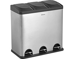 Homra Maxer Pedaalemmer 60 Liter - RVS Prullenbak 3 vakken - Trio Prullenbak 3 X 20 Liter - Prullenbak Afvalscheiding - Vuilnisbak voor huishouden en kantoor - Recycle Vuilbak keuken Afvalemmer Zilver - Afvalscheidingsprullenbakken