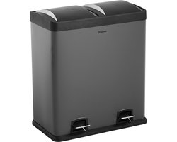 Homra NEVIQ Afvalscheiding Prullenbak met 2 vakken - 2 x 30 L inhoud - Duo pedaalemmer Grijs - 2-vaks Afvalemmer 60 Liter - Hoogwaardig RVS - Pedaal Vuilbak - Hygiënisch Afval scheiden - Grijze Duo Prullenbak - Dubbele Vuilnisbak