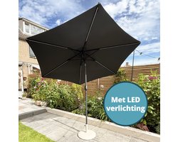 Homra Parasol met LED Verlichting – 260x240 cm – Stokparasol - Kantelbaar 45° – Solar Oplaadbaar – Balkonparasol - Inclusief Parasolhoes – Grijs