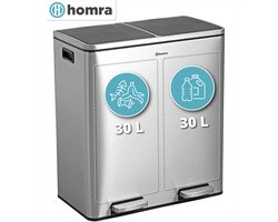 Homra Quickx Prullenbak 2 vakken - Afvalscheidingsprullenbak – 60 L (2x30 Liter) Pedaalemmer – Design Duo Afvalemmer RVS - Afval Scheiden - Recycle Afvalbak - Hygiënisch Pedaal - Dubbele Vuilnisbak - Keuken Vuilbak - Kantoor Prullenbak
