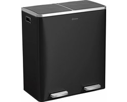 Homra Quickx Prullenbak Afvalscheiding 60 liter - Pedaalemmer Zwart - Duo prullenbak 2 x 30 liter - Vuilnisbak voor huishouden en kantoor - Recycle Vuilbak keuken Afvalemmer 2 vakken - Automatische Soft Close Deksel