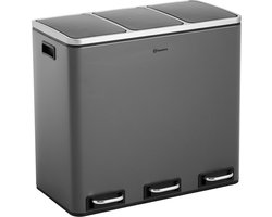 Homra SPARQ Pedaalemmer 3 vakken - 3 x 18 L inhoud - 54 Liter - Grijs - RVS - Trio Prullenbak Afvalscheiding - 3-vaks Recycle Afvalemmer - Hygiënisch Afval Scheiden - Grijze Keuken Vuilbak - Kantoor Prullenbak - Pedaal - Afvalscheidingsprullenbak