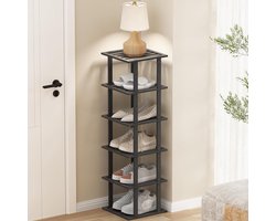HOMREALM Bamboe schoenenrek voor kleine ruimtes, 6 etages, hoog, verticaal, smal rek voor kastingang, hoekgarage, slank stapelbaar schoenenrek voor praktische schoenenorganisatie, zwart