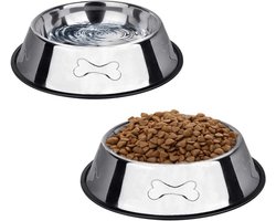 Hondenbak voor honden, roestvrijstalen voerbak, set van 2 met antislip rubberen ring, geschikt voor kleine middelgrote honden, elke hond heeft borden, 580 ml