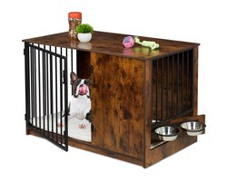hondenbench binnen - 65,5x102x60 cm - 2 draaibare voerbakjes - met kussen - industrieel