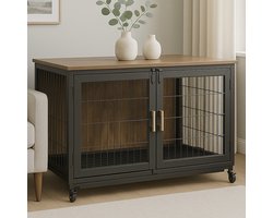 Hondenbench Hout L – Houten Hondenbench Meubel – Bench Hond – Zeer Stevig – 2 Deuren – Met Wielen – Verrijdbaar – Zwart