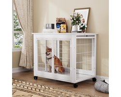 Hondenbench in Meubelstijl - Hondenkennel Tafel van Hout met Dubbele Deur en Openklapbaar Dak - Binnenhok voor Honden met Wielen - Wit - 80 x 56 x 69,5 cm