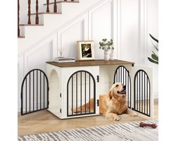 Hondenbench Meubel 100 cm – Modern Huisdierenverblijf & Bijzettafel – 3 Deuren met Boogvormige Deur – 60 x 100 x 63 cm – Wit en Bruin – Geschikt voor Middelgrote en Grote Honden