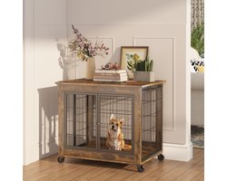 Hondenbench Meubel - Houten Hondenkennel - Hondenhok Binnen - Openslaand Dak - Dubbele Deur - Op Wieltjes - Woonkamer - 80x56x69,5 cm - Vintage Bruin