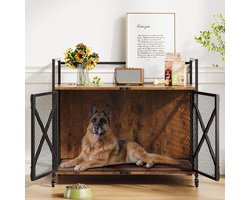 Hondenbench Meubel met Kussen - Luxe Hondenkennel 79x53x73 cm - Verrijdbare Hondenbench met 360° Wielen - Rustiek Bruin & Zwart Metaal - Voor Middelgrote en Grote Honden