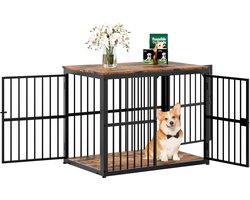 Hondenbench meubel ROLIPO - bench hond met 3 deuren - hondenkooi / hondenhok voor binnen - bijzettafel / nachtkastje - modulair stapelbaar - waterbestendig blad - 84 x 56 x 66 cm - retrobruin