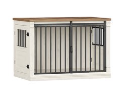 Hondenbench Meubel – Voor Kleine & Middelgrote Honden – 101 cm Houten Hondenbox met 3 Deuren, Indoor Kennel en Bijzettafel – Wit/Bruin