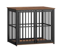 Hondenbench Meubel – Voor Middelgrote Honden – 80 cm Houten Hondenbox met 3 Deuren, Heavy Duty, Bijzettafel – Rustiek Bruin/Zwart