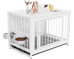 Hondenbench - Middelgrote & Kleine Honden Tot 40 kg - Wit - Hout & Staal - 100x67x64 cm - Met 2 Voerbakken - Uittrekbare Tray - Meubelstijl