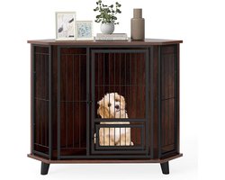 Hondenhok meubel – Hondenbench met afsluitbare deur en 3 houten poten, hout/metal design, voor kleine en middelgrote honden, bruin, 60x60x71,5 cm