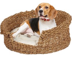 Hondenmand - Hondenbed Gevlochten Rond HxØ 18 x 46 cm voor Kleine Honden en Katten Kussen Zeegras Natuur Crème