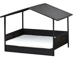 Hondenmand – Hondenbed – Hondenhuis – Hondenkussen – Overkapte Mand – Weerbestendig PE-Rattan – Verhoogd Met Antislip Poten – Koffiebruin – 69x98x70 cm