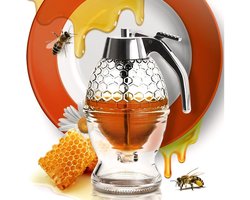 Honing dispenser - Siroop dispenser - TENZHVXI® - 200 ml - Roestvrijstalen voet en deksel - 15 * 10 * 8.3 cm - Draagbaar - Transparant met honingraatpatroon - Druppelvrij - Transparant/zilver