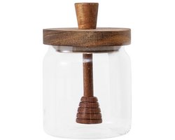 Honingpot - Glazen honingpot - Honingpot met lepel - Afgesloten honingpot - Houten deksel met lepel - Honingbewaarcontainer - Bewaarcontainer - 400 ml - Geschikt voor het bewaren van honing, siroop, enz. thuis - Transparant