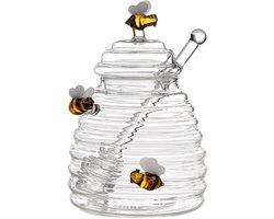 Honingpot - glazen voorraadpotten met deksel - Glazen honingpot - met honinglepel/stokje - 450ml - Keukenbenodigdheden - Honing potten - Honingpotje met Dipper - Siroop Dispenser - Honing dispenser - Voorraadpot met Dipper - met lepel en deksel