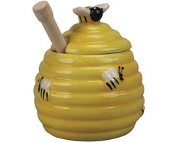Honingpot met honinglepel - geel - 10 x 11 cm - keramiek - 3D bijenmotief - Honinghouder - Honingcontainer