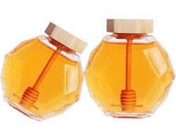 Honingpot met houten lepel - transparante zeshoek verdikte honingdispenser - opslagpot siroop suikercontainer - jerrycanisters keukengereedschap - 200 ml