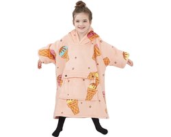 Hoodie deken kind - Fleece kinder poncho - plaid met mouwen en capuchon voor kinderen - oversized hoodie kind - Draagbare deken kind - fleece deken met mouwen – hoodie plaid kind - hoodie blanket - zacht & warm - maat 116 t/m 134 - ijsjes
