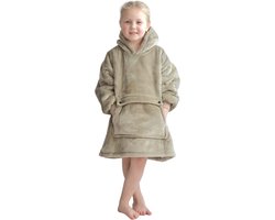 Hoodie deken kind - Fleece kinder poncho - plaid met mouwen en capuchon voor kinderen - oversized hoodie kind - fleece deken met mouwen – hoodie plaid voor kinderen - hoodie blanket- zacht & warm- maat 116 t/m 134 - beige