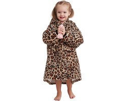 Hoodie deken kind - Fleece kinder poncho - plaid met mouwen en capuchon voor kinderen - oversized hoodie kind - hoodie plaid voor kinderen - fleece deken met mouwen – hoodie blanket - TV deken – zacht & warm - maat 116 t/m 134 - leopard