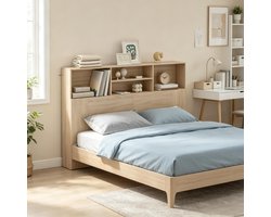 Hoofdbord Met Opbergruimte – 140 Cm – 4 Open Vakken – Vezelplaat – Natuurlijk Hout – Voor Slaapkamer En Lezen