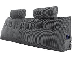 Hoofdbordkussen - Leeskussen Bedwigkussen Kingsize - Met 2 Zijzakken - Met 2 Hoofdsteunen - Wasbare Flanellen Hoes - Ergonomische Rugsteun - Maat 192 x 20,5 x 53 cm - Grijs
