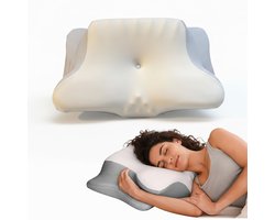 Hoofdkussen Nekklachten 40x63 cm – Hoofdkussen Traagschuim met Neksteun – Ergonomisch Hoofdkussen met Twee Hoogtes (Dikte 13 cm) voor Zijslaper, Rugslaper en Buikslaper – Memory Foam - Wit
