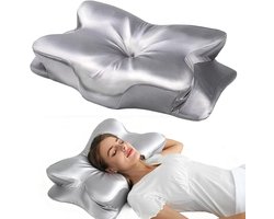 Hoofdkussen - Nekkussen - Vlindervormig Kussen - Ergonomisch Kussen - Kussensloop van Ijszijdesatijn - Cool & Comfort - Memory Foam - Zilvergrijs