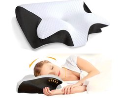 Hoofdkussen tegen Anti Snurk - Slaapapneu - Nekklachten - Rugklachten - Orthopedisch & Ergonomisch - Memory Foam - Traagschuim - Foam - Slaap - Kussen - Slaap Apneu - Slapen - Zijslaper - Wit met Zwart.